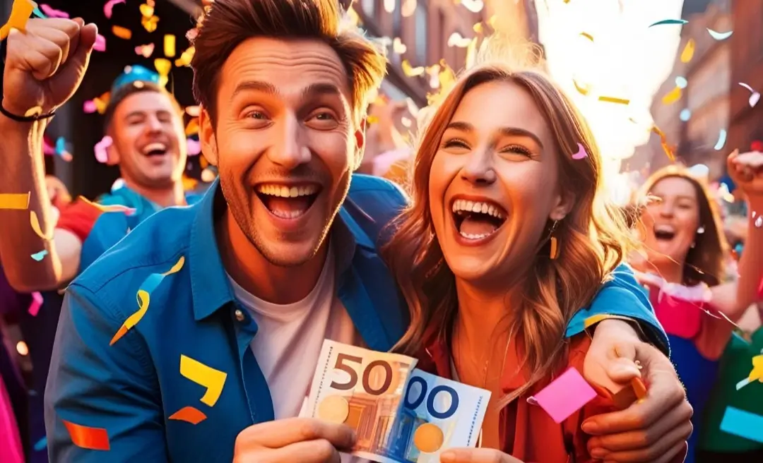 Um casal sorridente e animado, uma mulher com cabelos castanhos usando um casaco cor de tijolo e um homem com cabelos grisalhos e barba vestindo uma camisa azul, abraçados sob um céu azul claro com vários balões coloridos flutuando ao redor. Ao fundo, prédios baixos e coloridos criam uma atmosfera festiva.