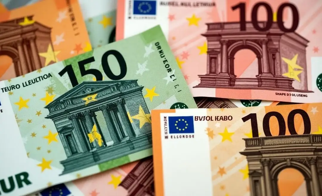 Uma pilha desordenada de notas de euro de diferentes denominações (50, 100, 150), com foco em uma nota de 50 euros verde e uma nota de 100 euros castanho-avermelhada parcialmente sobreposta. As notas exibem elementos de design europeu, incluindo edifícios clássicos e estrelas amarelas.