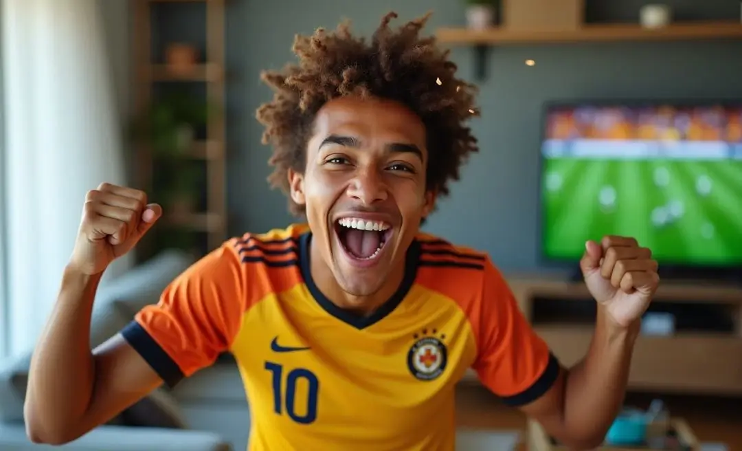 Um jovem cabelo encaracolado, vestindo uma camisa de futebol amarela e laranja com o número 10, celebra com punhos cerrados e boca aberta em frente a uma televisão mostrando um jogo de futebol. Está animado e feliz, com uma expressão de triunfo.